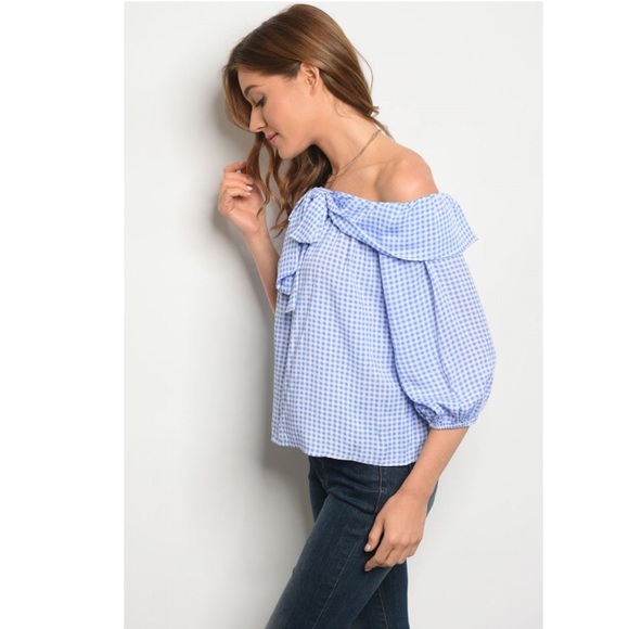 Blue Checker Bow Off Shoulder Top - Picture 3 of 8